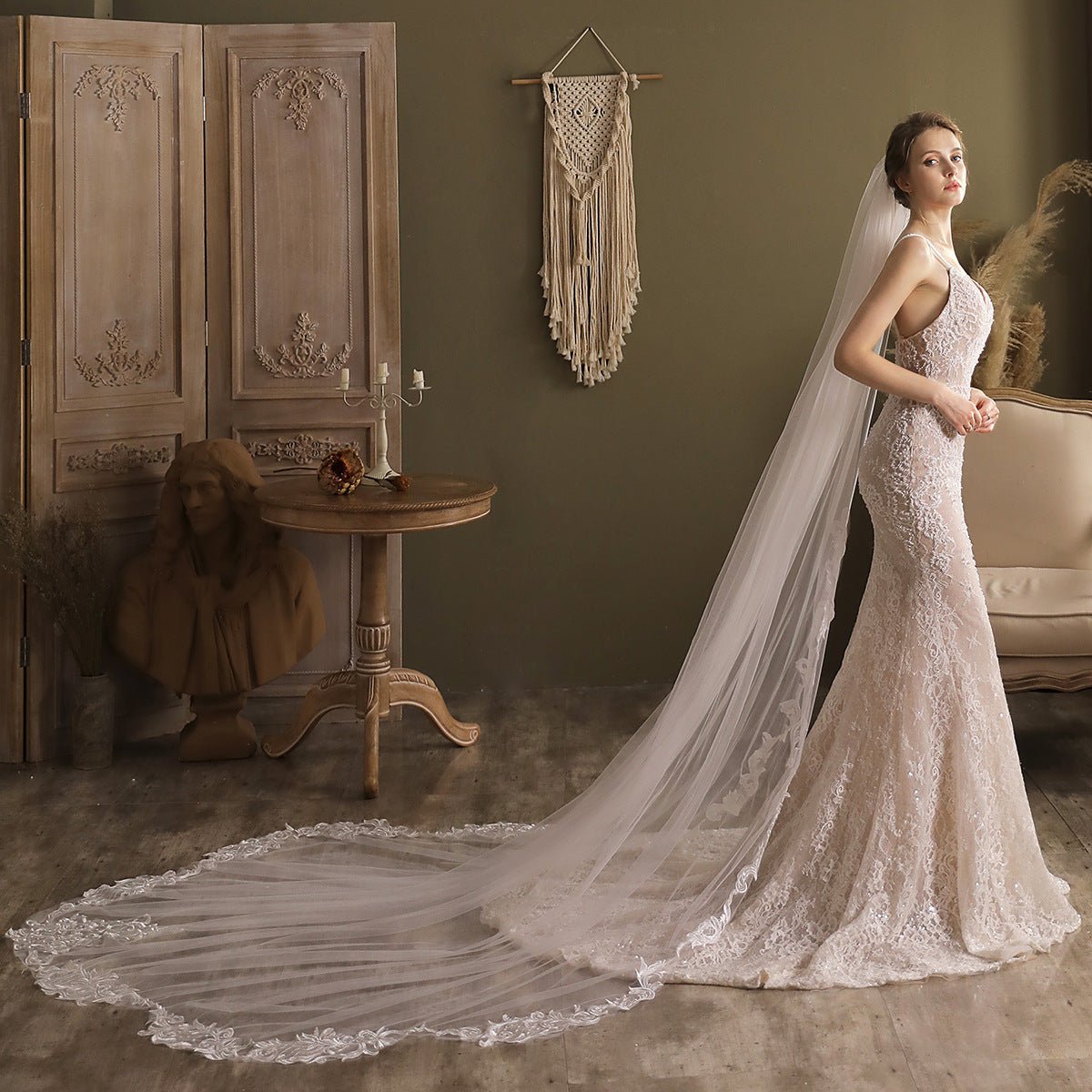 Lace Appliqued Cathedral Veil Petal Hem Veil-Accessories 2025 -Viniodress-Ivory-