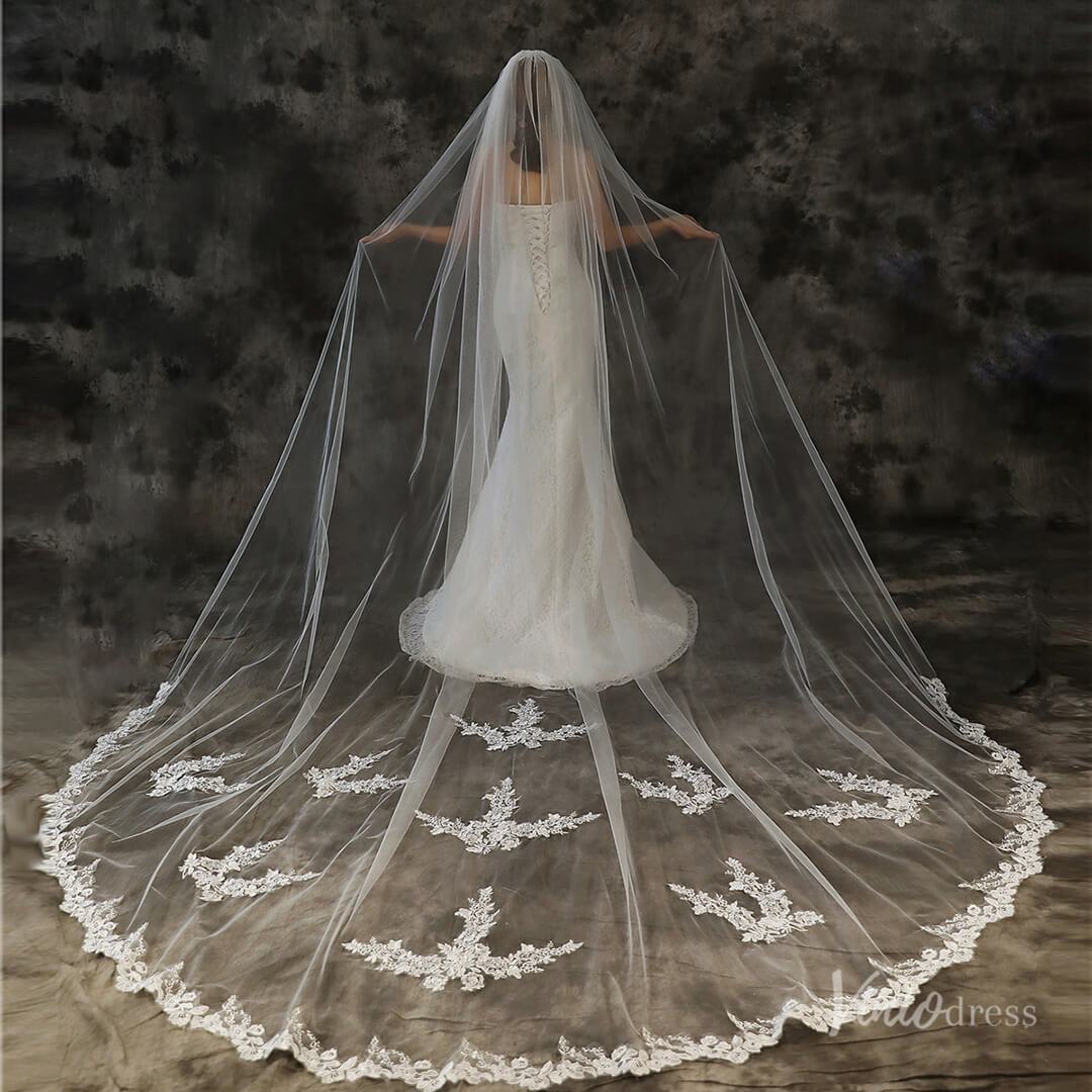 Lace Appliqued Cathedral Veil Viniodress TS1907-Bridal Veil 2025 -Viniodress-Ivory-