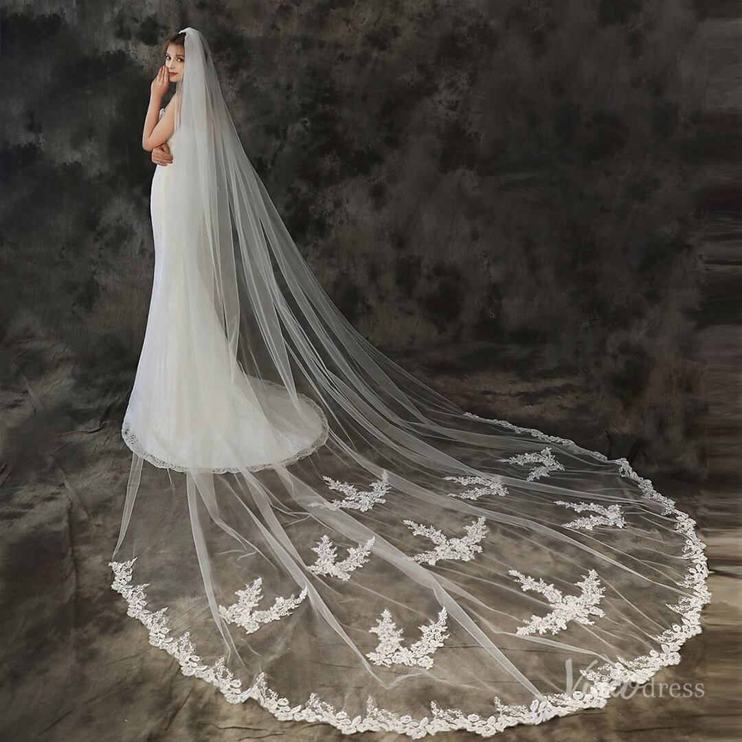Lace Appliqued Cathedral Veil Viniodress TS1907-Bridal Veil 2025 -Viniodress-Ivory-