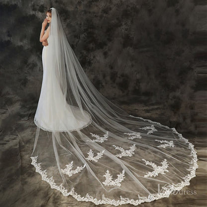 Lace Appliqued Cathedral Veil Viniodress TS1907-Bridal Veil 2025 -Viniodress-Ivory-