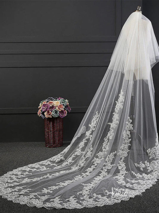 Lace Appliqued Cathedral Veil with Blusher Viniodress-Bridal Veil 2025 -Viniodress-Ivory-