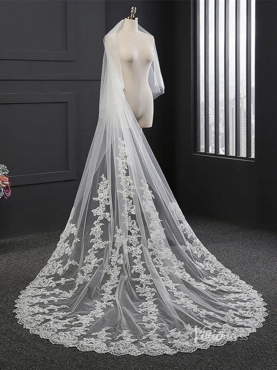 Lace Appliqued Cathedral Veil with Blusher Viniodress-Bridal Veil 2025 -Viniodress-Ivory-