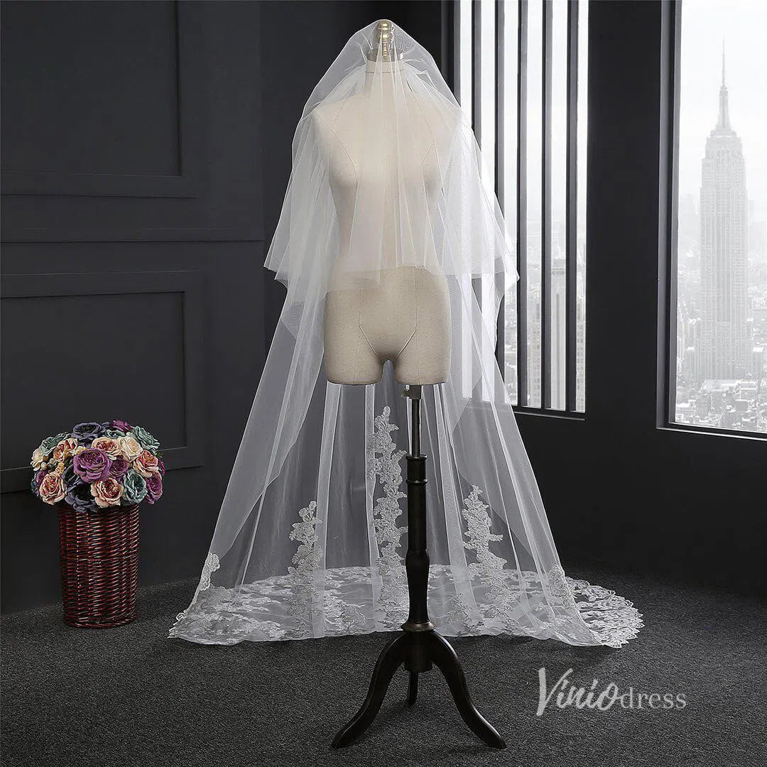 Lace Appliqued Cathedral Veil with Blusher Viniodress-Bridal Veil 2025 -Viniodress-Ivory-