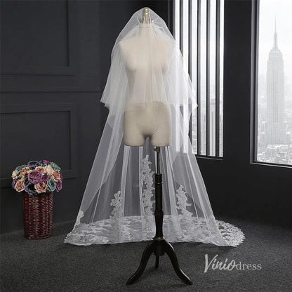 Lace Appliqued Cathedral Veil with Blusher Viniodress-Bridal Veil 2025 -Viniodress-Ivory-