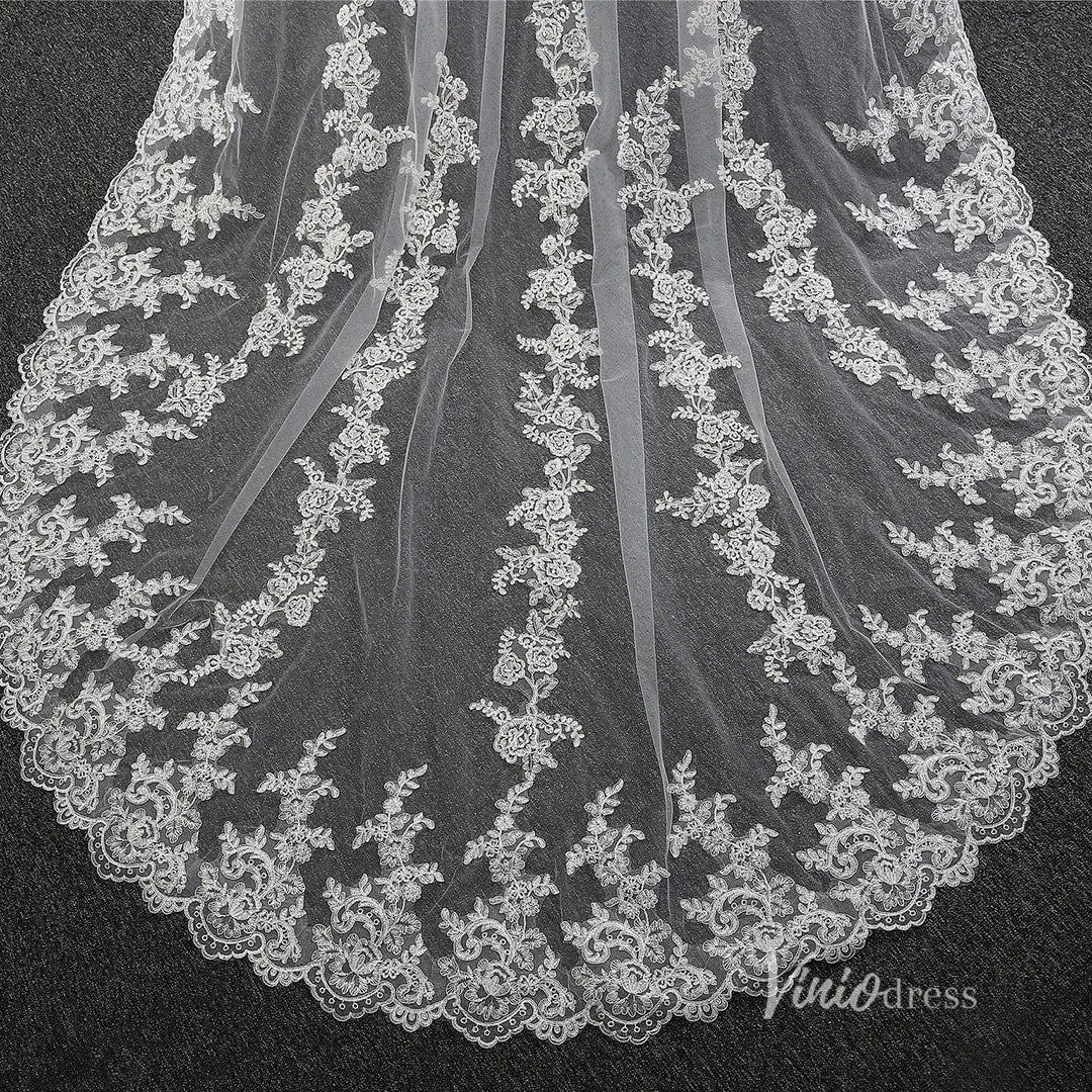 Lace Appliqued Cathedral Veil with Blusher Viniodress-Bridal Veil 2025 -Viniodress-Ivory-