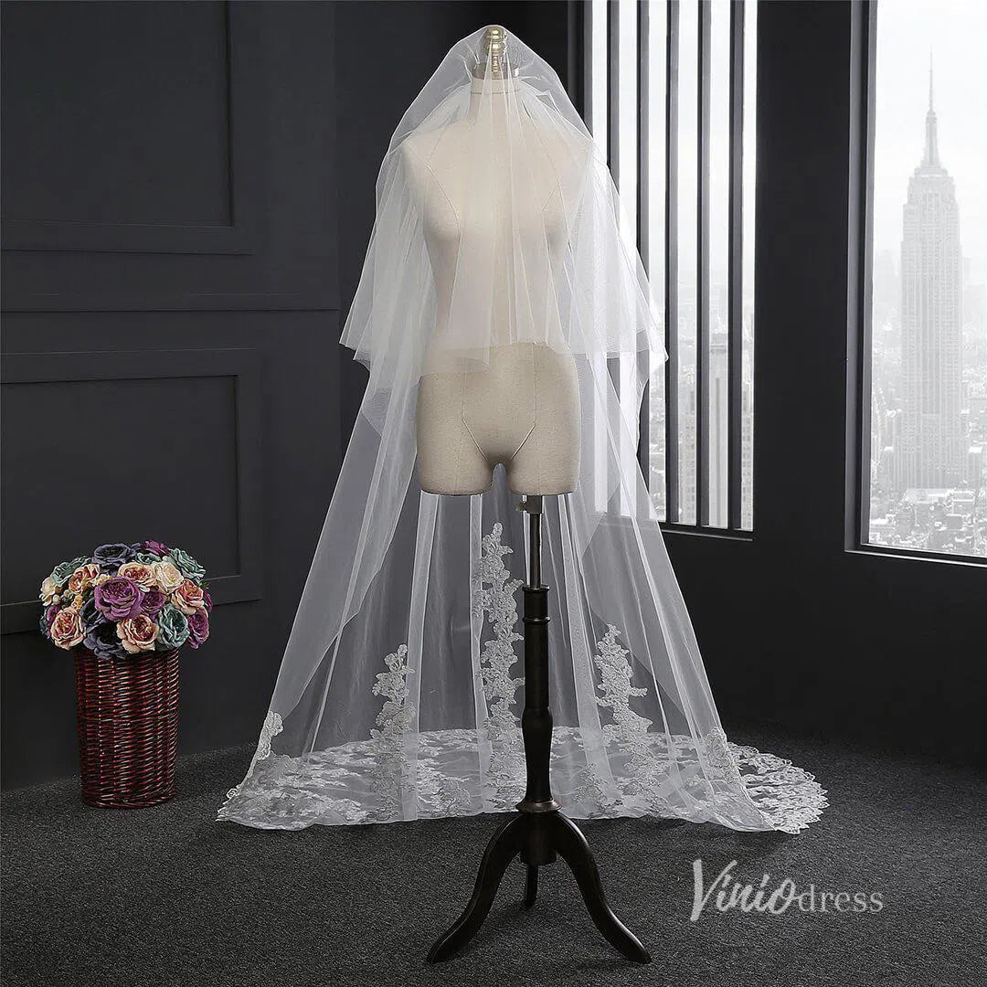 Lace Appliqued Cathedral Veil with Blusher Viniodress-Veils-Viniodress-Ivory-Viniodress