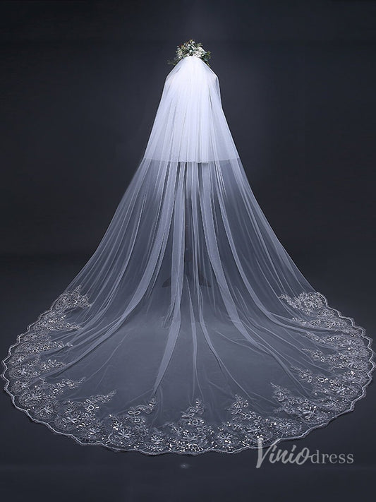 Lace Appliqued Cathedral Veil with Blusher Viniodress TS170103-Bridal Veil 2025 -Viniodress-Ivory-