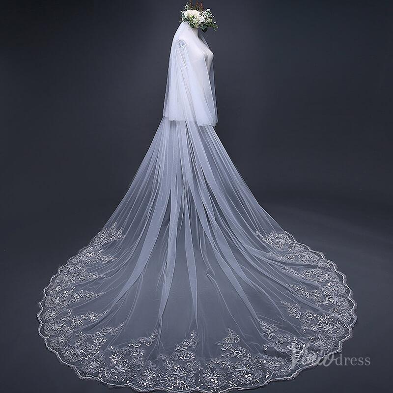 Lace Appliqued Cathedral Veil with Blusher Viniodress TS170103-Bridal Veil 2025 -Viniodress-Ivory-