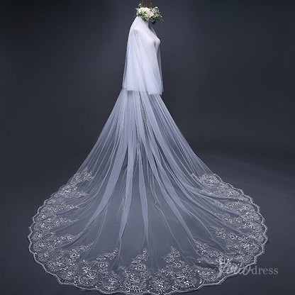 Lace Appliqued Cathedral Veil with Blusher Viniodress TS170103-Bridal Veil 2025 -Viniodress-Ivory-