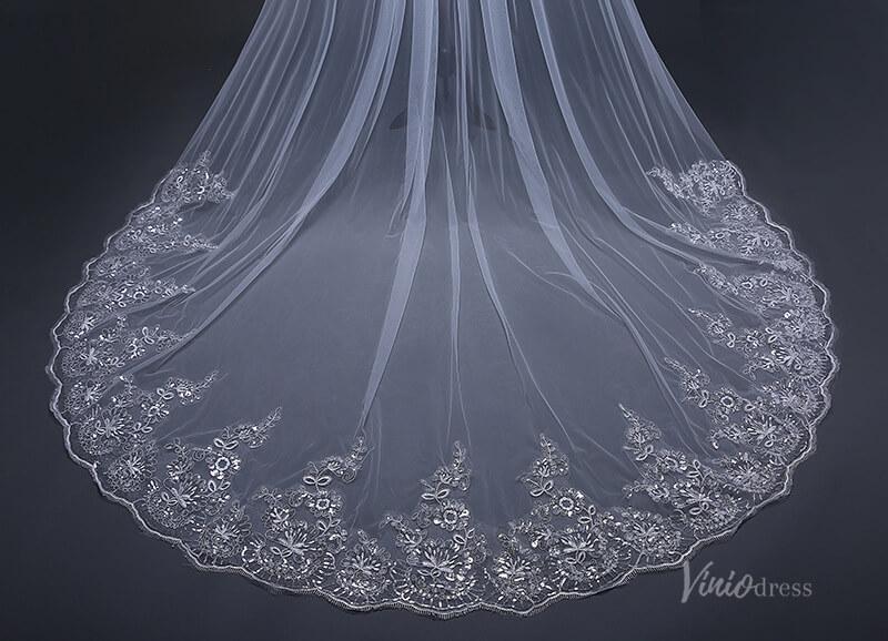 Lace Appliqued Cathedral Veil with Blusher Viniodress TS170103-Bridal Veil 2025 -Viniodress-Ivory-