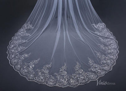 Lace Appliqued Cathedral Veil with Blusher Viniodress TS170103-Bridal Veil 2025 -Viniodress-Ivory-