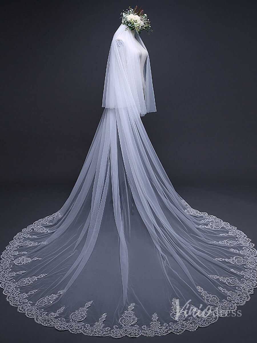 Lace Appliqued Cathedral Veil with Blusher Viniodress TS17120-Bridal Veil 2025 -Viniodress-Ivory-