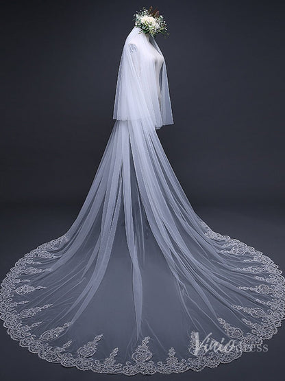 Lace Appliqued Cathedral Veil with Blusher Viniodress TS17120-Bridal Veil 2025 -Viniodress-Ivory-