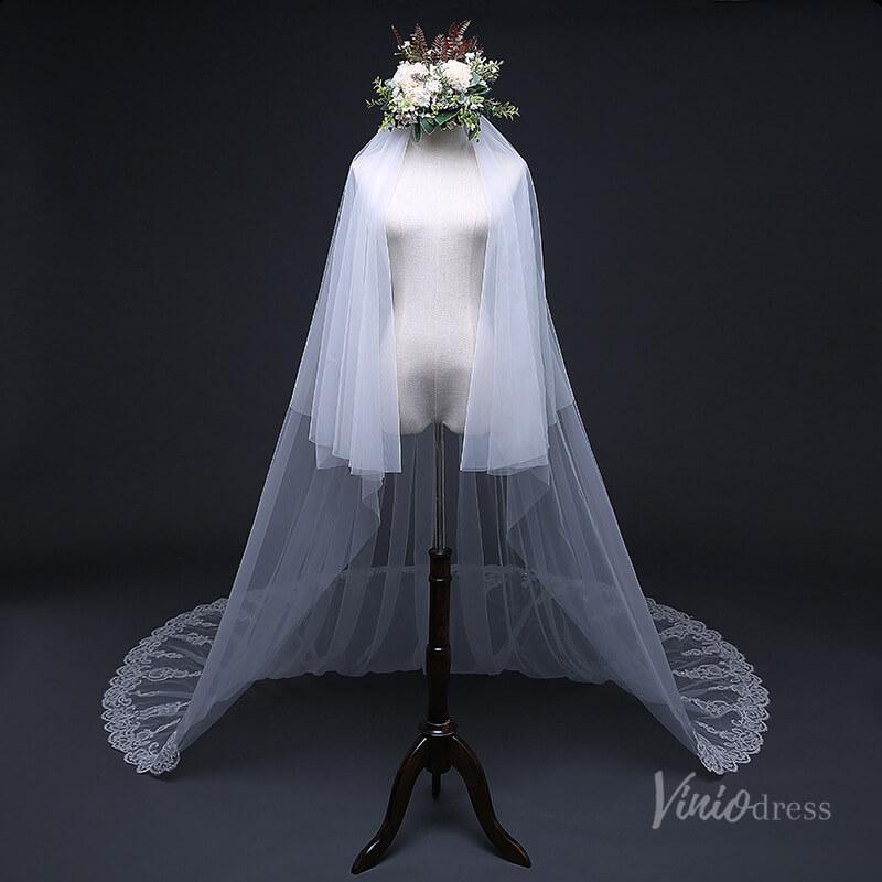 Lace Appliqued Cathedral Veil with Blusher Viniodress TS17120-Bridal Veil 2025 -Viniodress-Ivory-