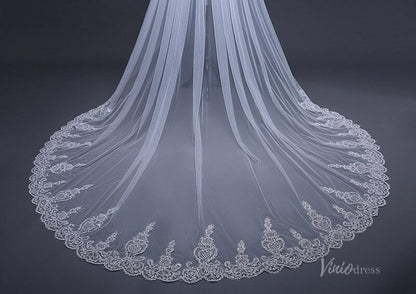 Lace Appliqued Cathedral Veil with Blusher Viniodress TS17120-Bridal Veil 2025 -Viniodress-Ivory-