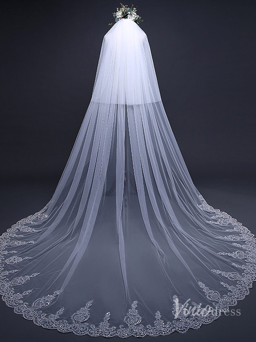 Lace Appliqued Cathedral Veil with Blusher Viniodress TS17120-Bridal Veil 2025 -Viniodress-Ivory-