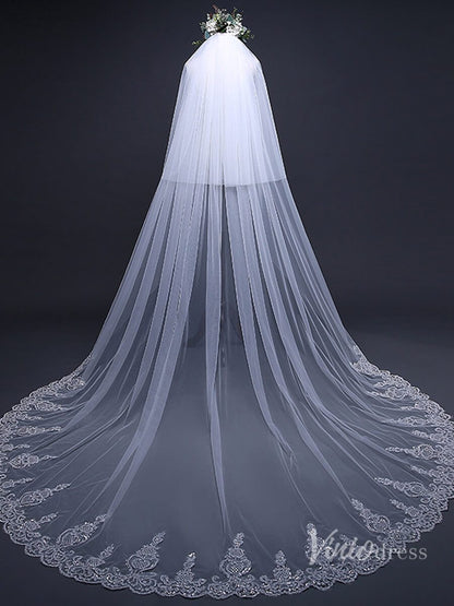 Lace Appliqued Cathedral Veil with Blusher Viniodress TS17120-Bridal Veil 2025 -Viniodress-Ivory-