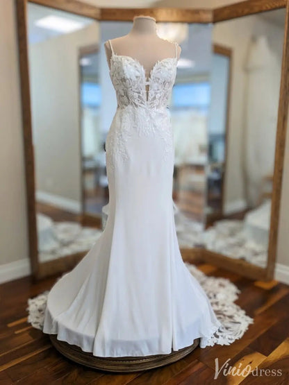 Lace Appliqued Crepe Mermaid Wedding Dress with Plunging Neckline and Asymmetric Lace Train – VW2543-wedding dresses 2025 -Viniodress-Ivory-Custom Size-