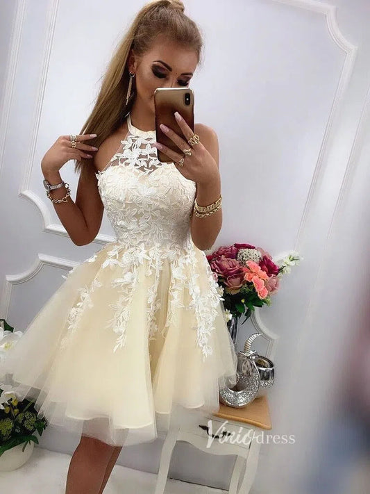 Lace Appliqued Halter Homecoming Dress SD1083-Homecoming Dresses 2025 -Viniodress-Champagne-Custom Size-