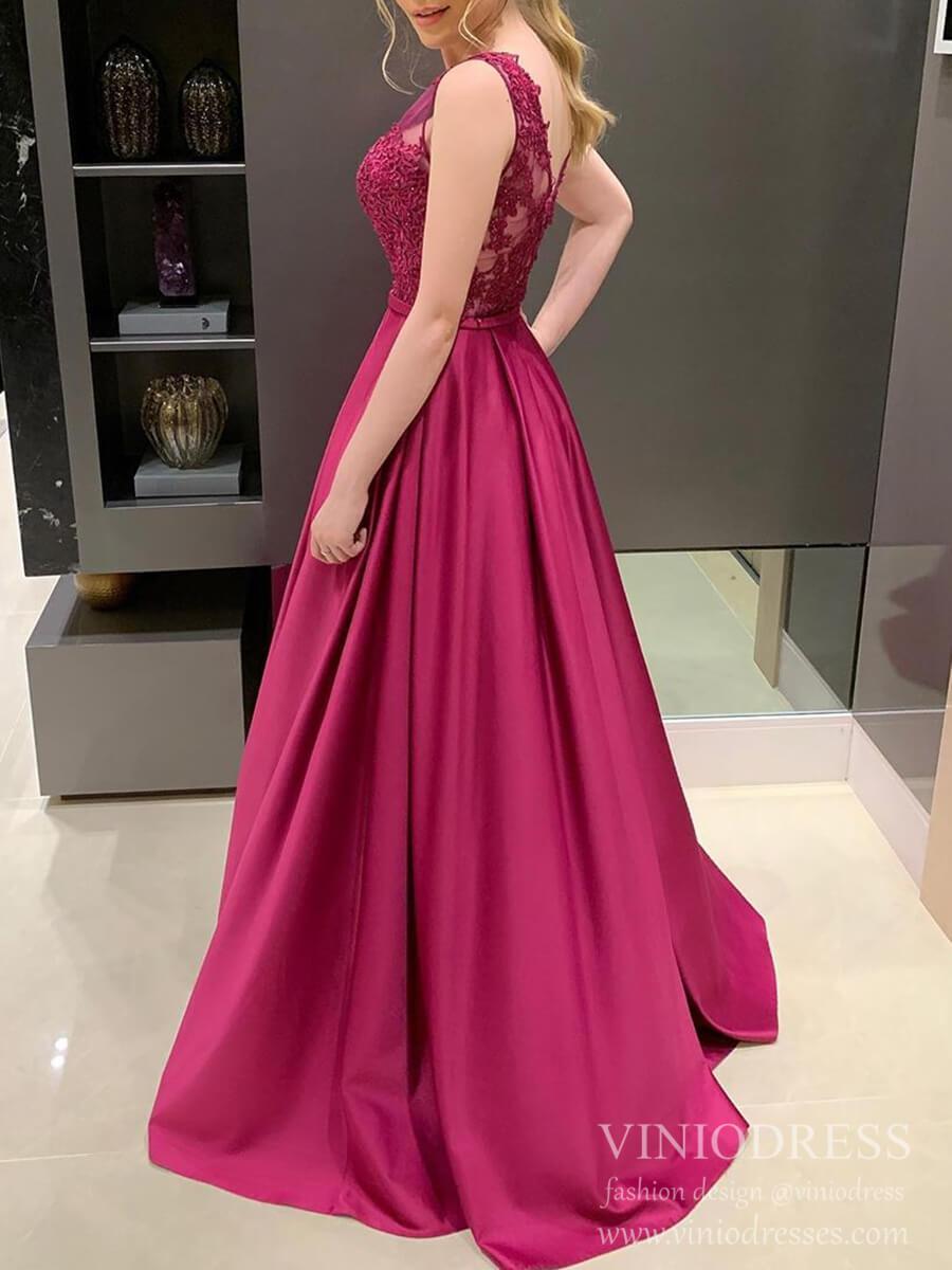 Lace Appliqued Magenta Satin Prom Dresses V-neck Formal Dress FD2088-prom dresses 2025 -Viniodress-Magenta-Custom Size-