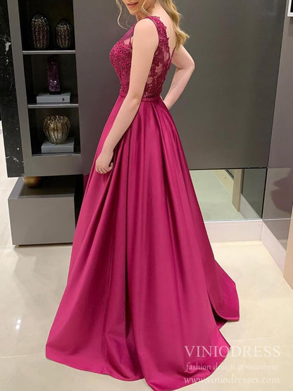 Lace Appliqued Magenta Satin Prom Dresses V-neck Formal Dress FD2088-prom dresses 2025 -Viniodress-Magenta-Custom Size-