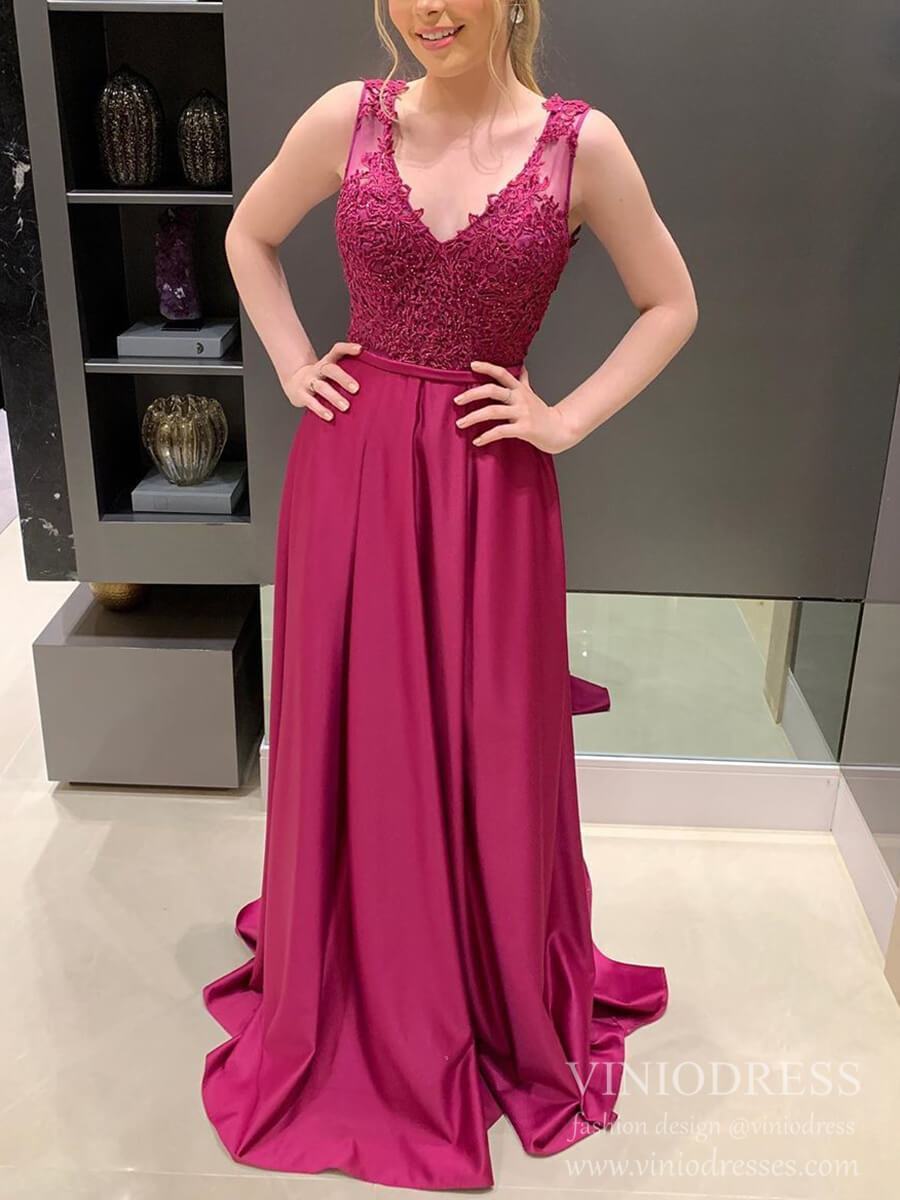 Lace Appliqued Magenta Satin Prom Dresses V-neck Formal Dress FD2088-prom dresses 2025 -Viniodress-Magenta-Custom Size-