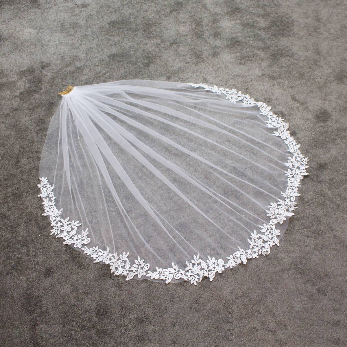 Lace Appliqued Mantilla Veils Fingertip Length V683-Bridal Veil 2025 -Viniodress-Ivory-