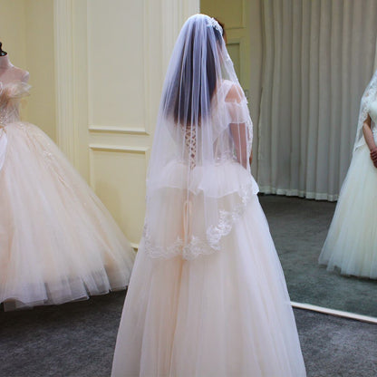 Lace Appliqued Mantilla Veils Fingertip Length V687-Bridal Veil 2025 -Viniodress-Ivory-