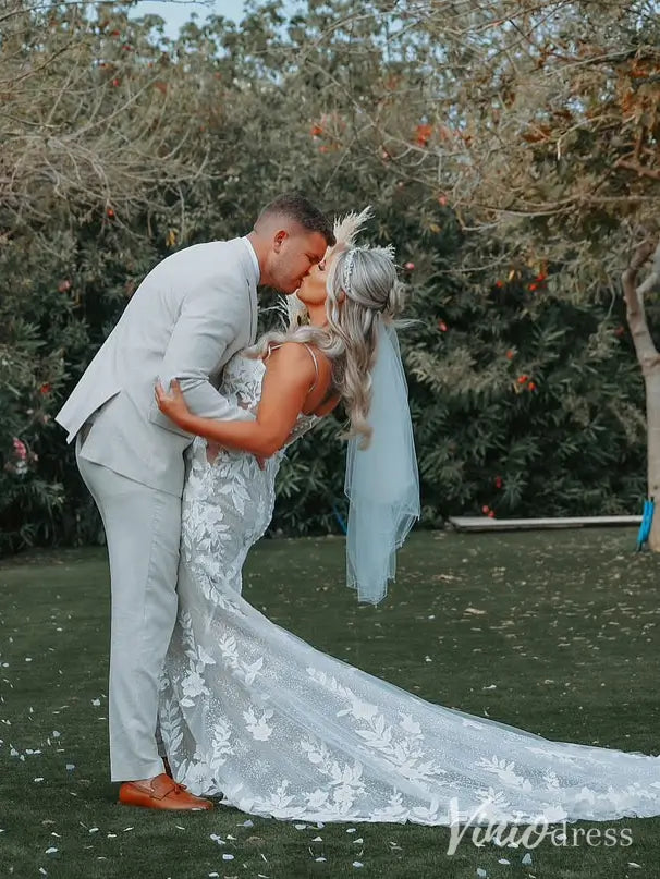 Lace Appliqued Mermaid Boho Wedding Dress Strapless Beaded Bridal Gown ML141-wedding dresses 2025 -Viniodress-Nude-Strapless-Custom Size