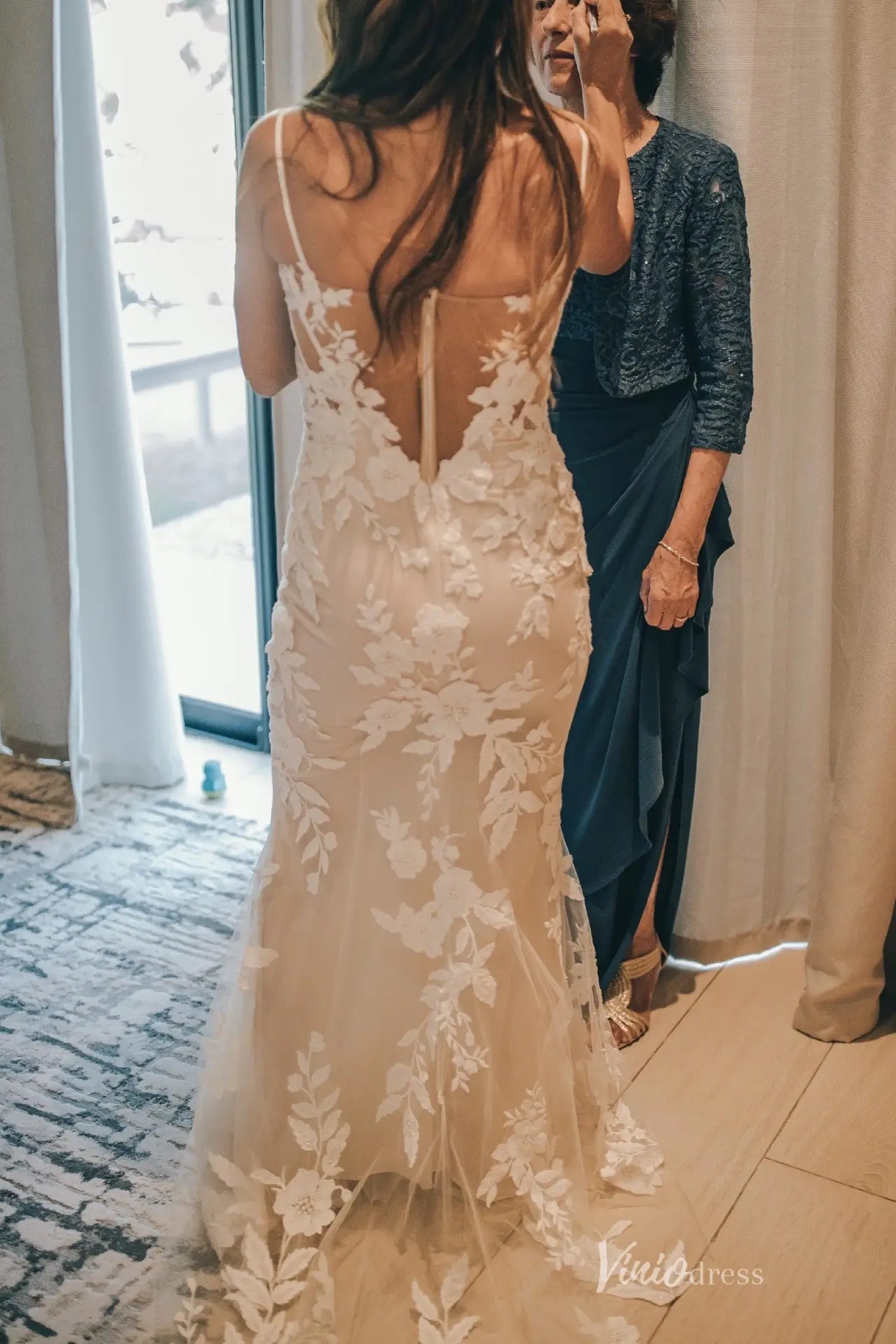 Lace Appliqued Mermaid Boho Wedding Dress Strapless Beaded Bridal Gown ML141-wedding dresses 2025 -Viniodress-Nude-Strapless-Custom Size