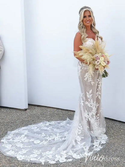Lace Appliqued Mermaid Boho Wedding Dress Strapless Beaded Bridal Gown ML141-wedding dresses 2025 -Viniodress-Nude-Strapless-Custom Size