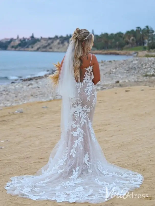 Lace Appliqued Mermaid Boho Wedding Dress Strapless Beaded Bridal Gown ML141-wedding dresses 2025 -Viniodress-Nude-Strapless-Custom Size