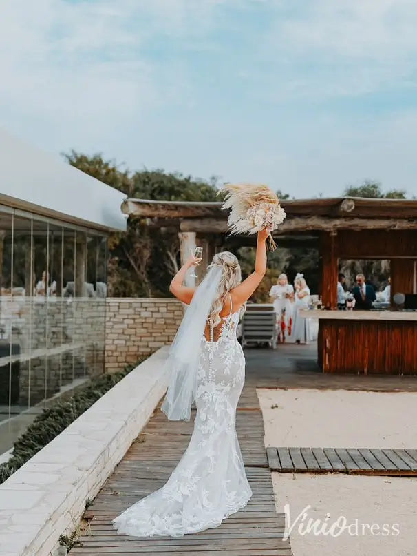 Lace Appliqued Mermaid Boho Wedding Dress Strapless Beaded Bridal Gown ML141-wedding dresses 2025 -Viniodress-Nude-Strapless-Custom Size