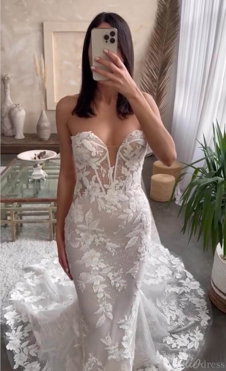 Lace Appliqued Mermaid Boho Wedding Dress Strapless Beaded Bridal Gown ML141-wedding dresses 2025 -Viniodress-Nude-Strapless-Custom Size