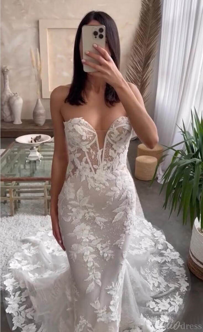 Lace Appliqued Mermaid Boho Wedding Dress Strapless Beaded Bridal Gown ML141-wedding dresses 2025 -Viniodress-Nude-Strapless-Custom Size