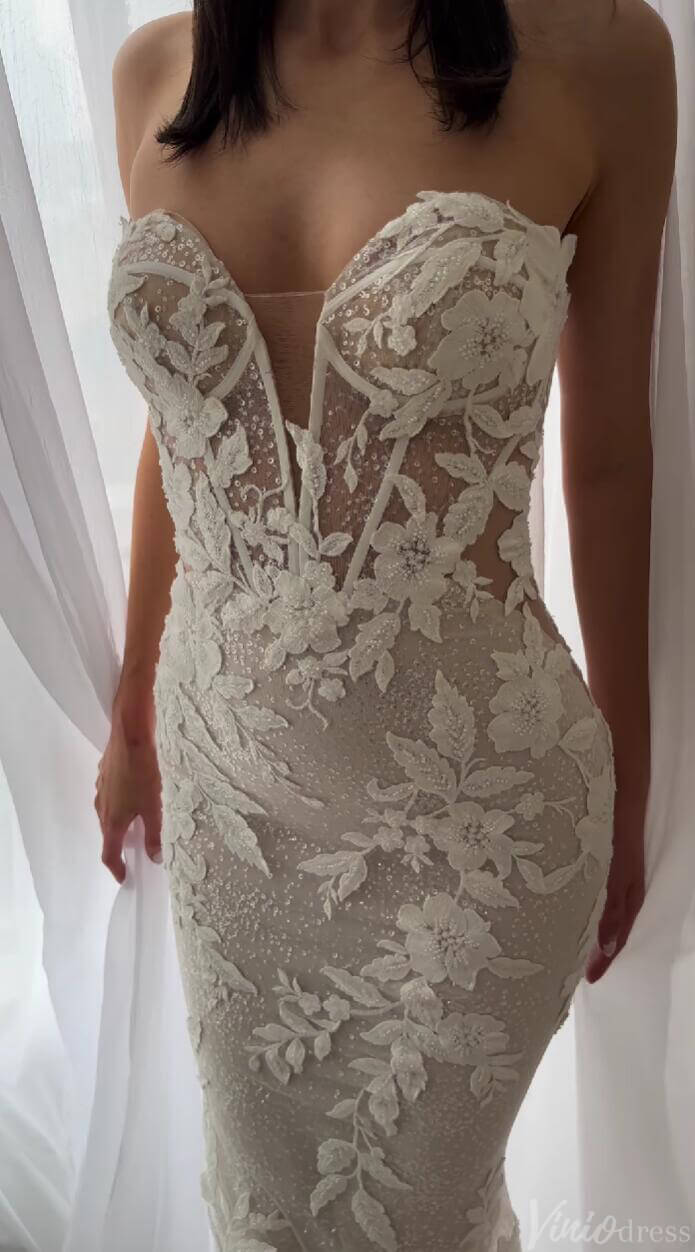 Lace Appliqued Mermaid Boho Wedding Dress Strapless Beaded Bridal Gown ML141-wedding dresses 2025 -Viniodress-Nude-Strapless-Custom Size