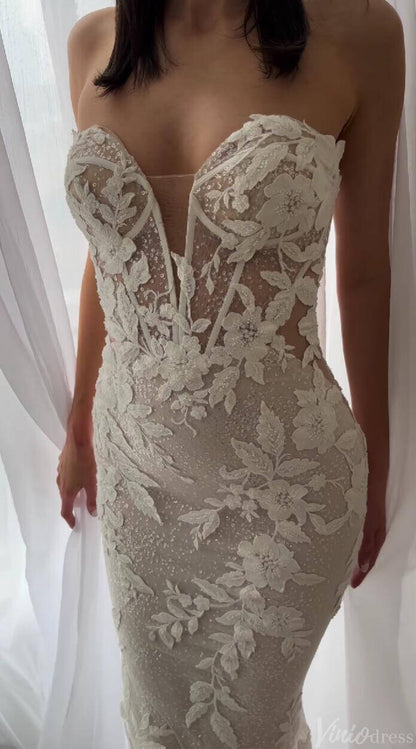 Lace Appliqued Mermaid Boho Wedding Dress Strapless Beaded Bridal Gown ML141-wedding dresses 2025 -Viniodress-Nude-Strapless-Custom Size