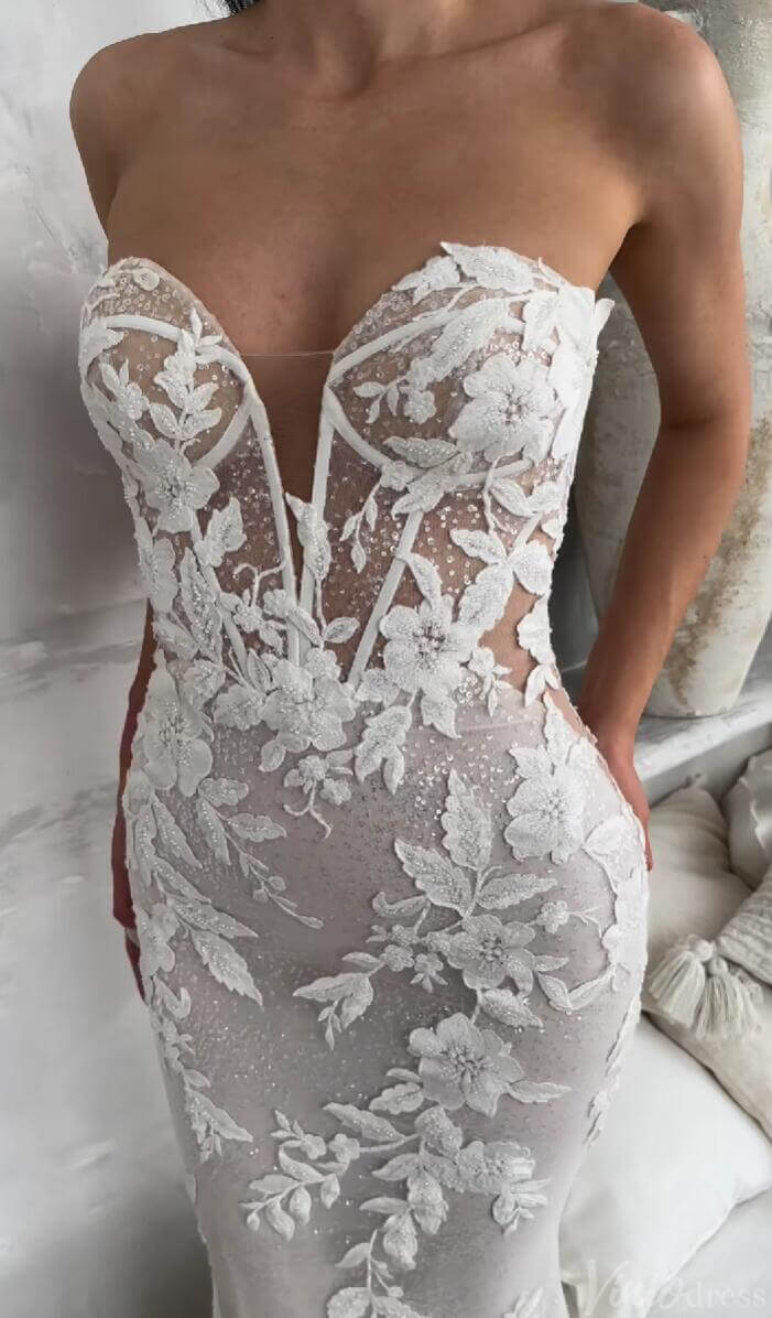 Lace Appliqued Mermaid Boho Wedding Dress Strapless Beaded Bridal Gown ML141-wedding dresses 2025 -Viniodress-Nude-Strapless-Custom Size