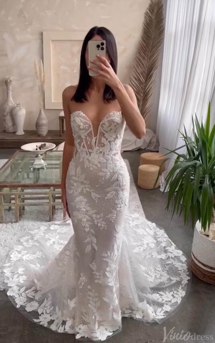 Lace Appliqued Mermaid Boho Wedding Dress Strapless Beaded Bridal Gown ML141-wedding dresses 2025 -Viniodress-Nude-Strapless-Custom Size