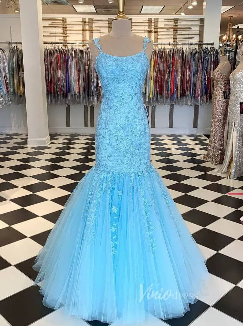 Pink Lace Appliqued Mermaid Prom Dresses Lace up back FD1250C-prom dresses 2025 -Viniodress-Light Blue-Custom Size-