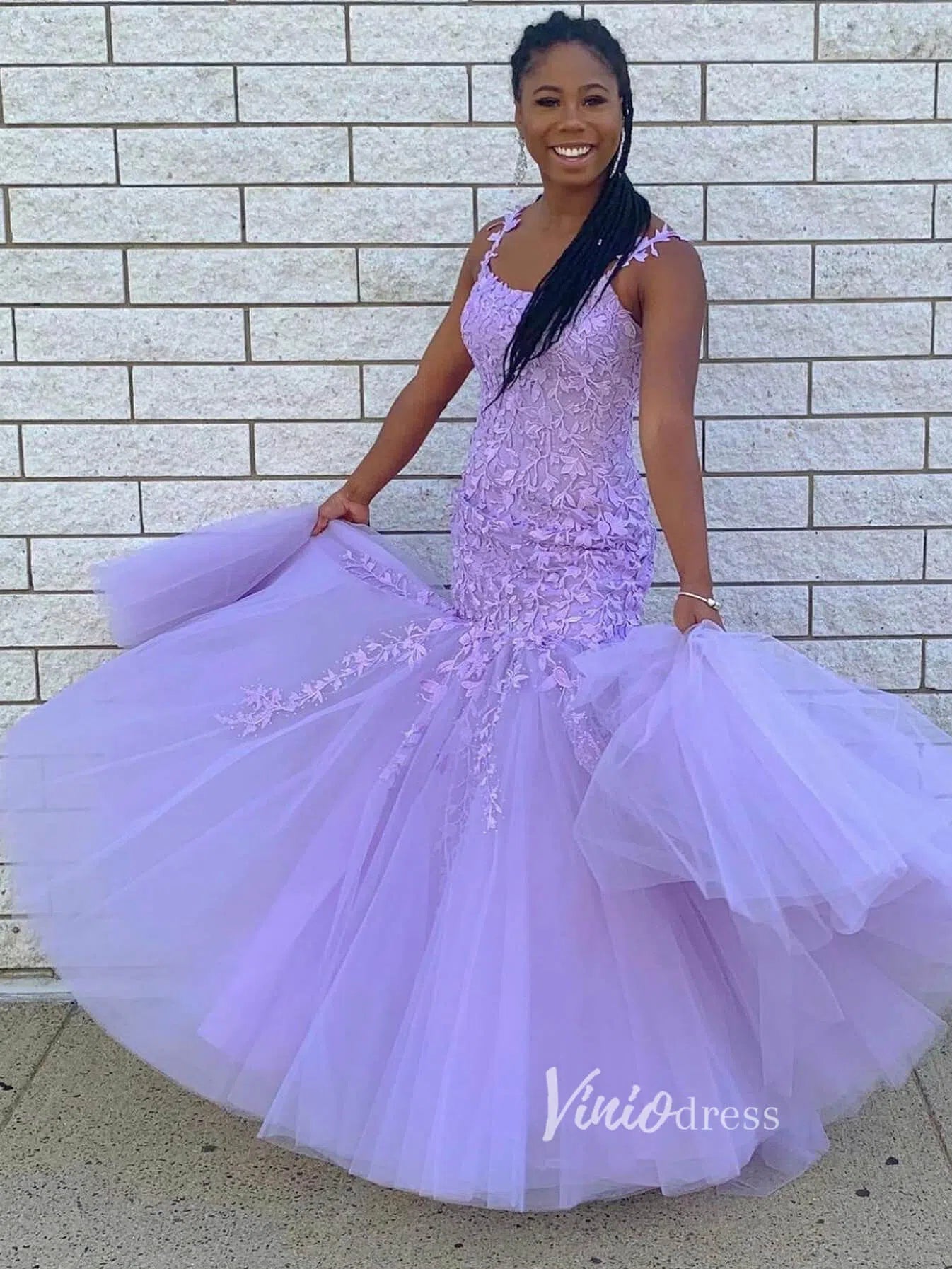 Pink Lace Appliqued Mermaid Prom Dresses Lace up back FD1250C-prom dresses 2025 -Viniodress-Lilac-Custom Size-