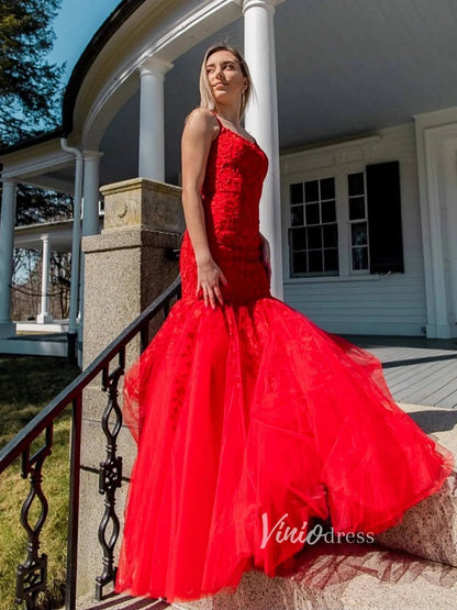 Pink Lace Appliqued Mermaid Prom Dresses Lace up back FD1250C-prom dresses 2025 -Viniodress-Red-Custom Size-