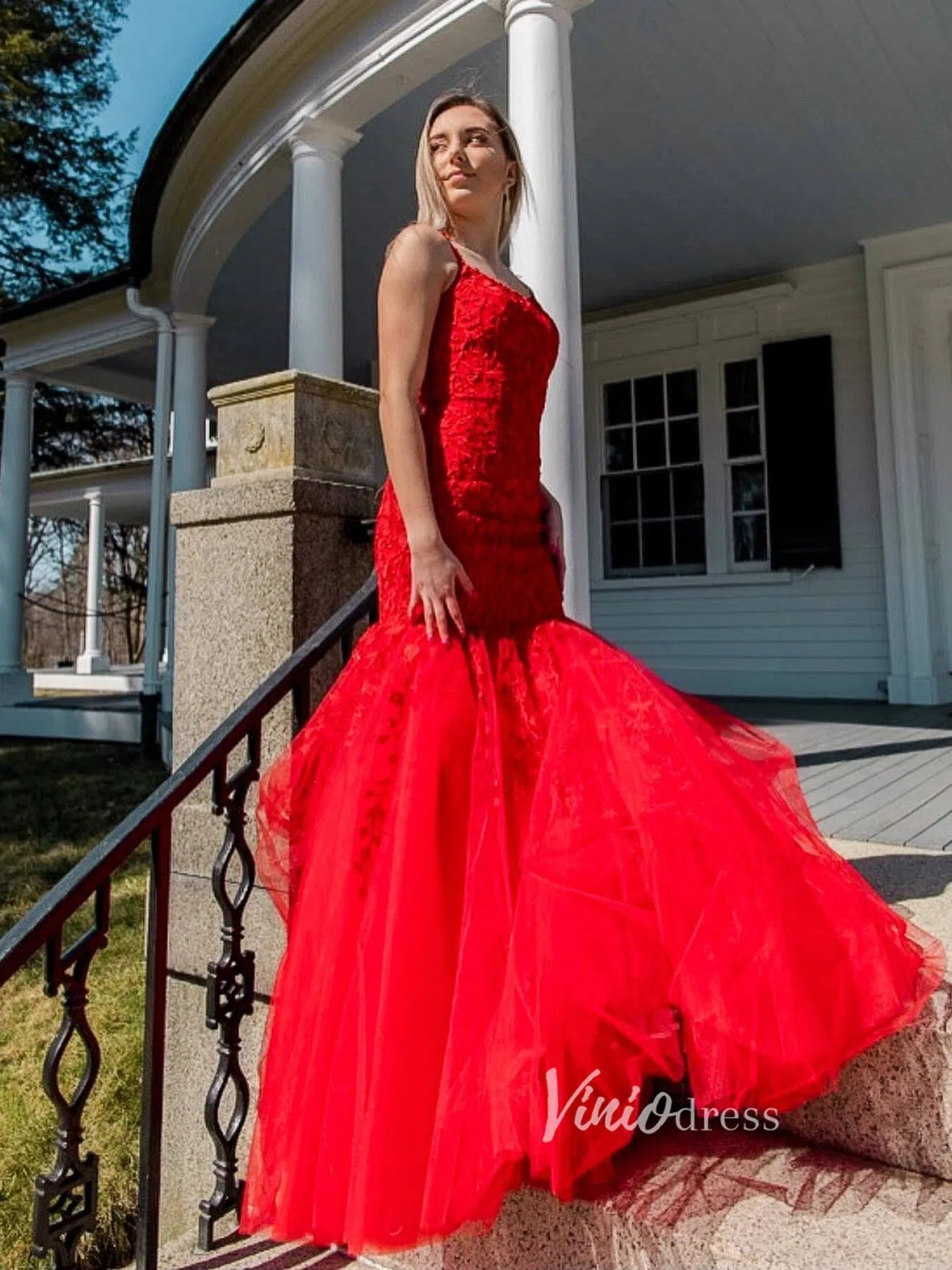 Pink Lace Appliqued Mermaid Prom Dresses Lace up back FD1250C-prom dresses 2025 -Viniodress-Red-Custom Size-