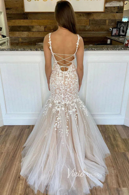 Pink Lace Appliqued Mermaid Prom Dresses Lace up back FD1250C-prom dresses 2025 -Viniodress-Pink-Custom Size-