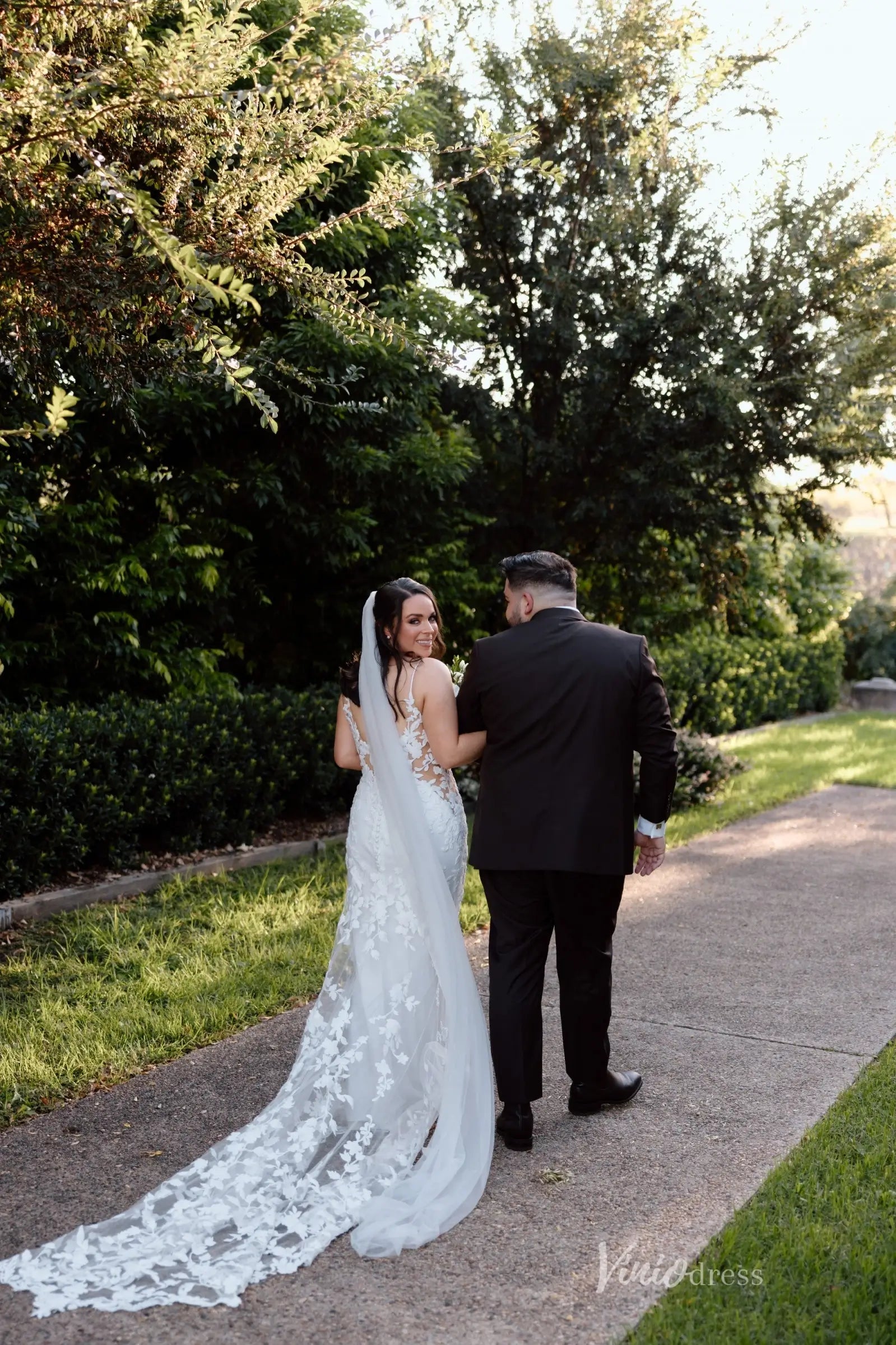 Lace Appliqued Mermaid Wedding Dress with Illusion Back, Sheer Bodice & Chapel Train – ML116-wedding dresses 2025 -Viniodress-Ivory-Custom Size-