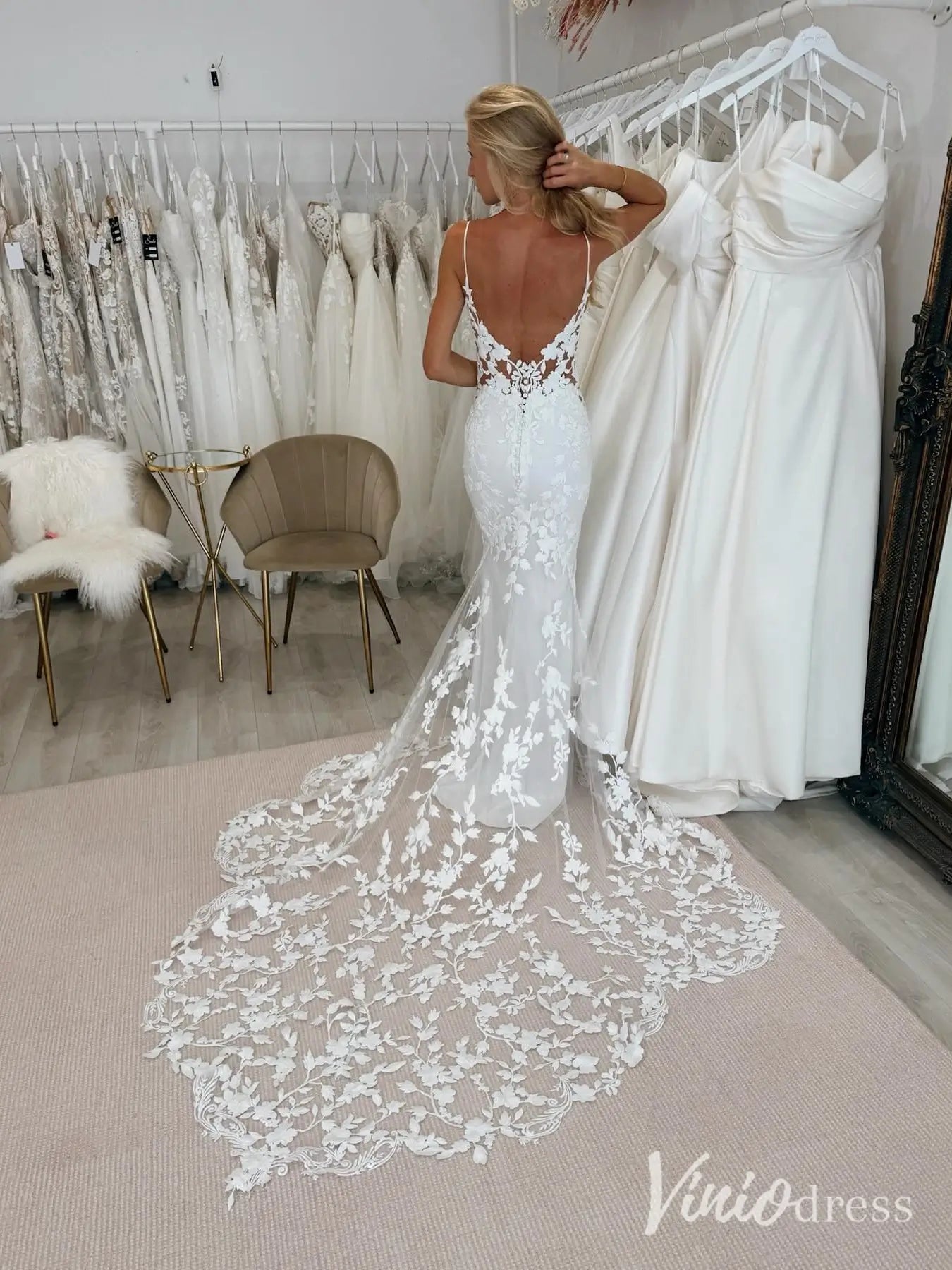 Lace Appliqued Mermaid Wedding Dress with Illusion Back, Sheer Bodice & Chapel Train – ML116-wedding dresses 2025 -Viniodress-Ivory-Custom Size-