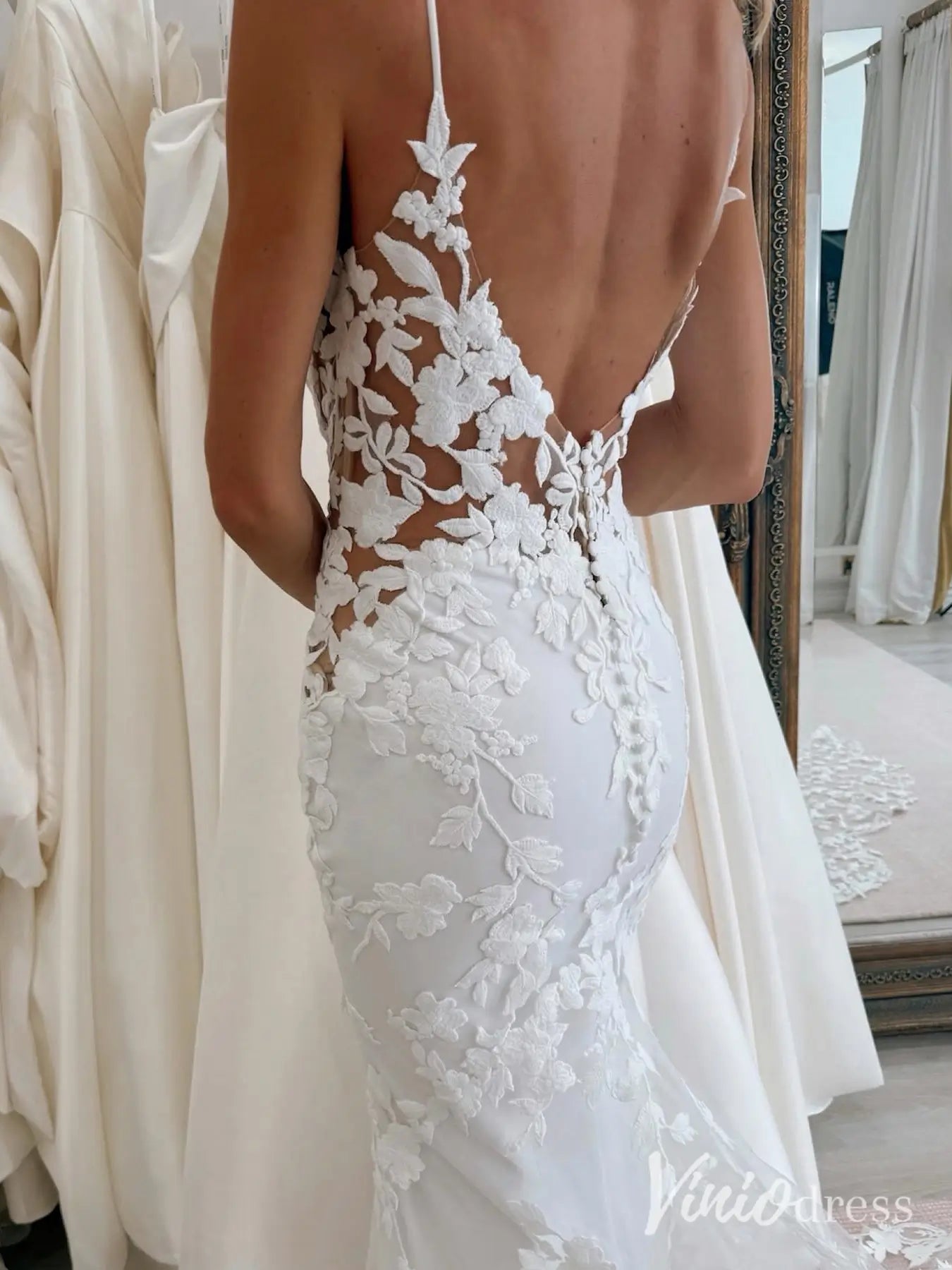 Lace Appliqued Mermaid Wedding Dress with Illusion Back, Sheer Bodice & Chapel Train – ML116-wedding dresses 2025 -Viniodress-Ivory-Custom Size-