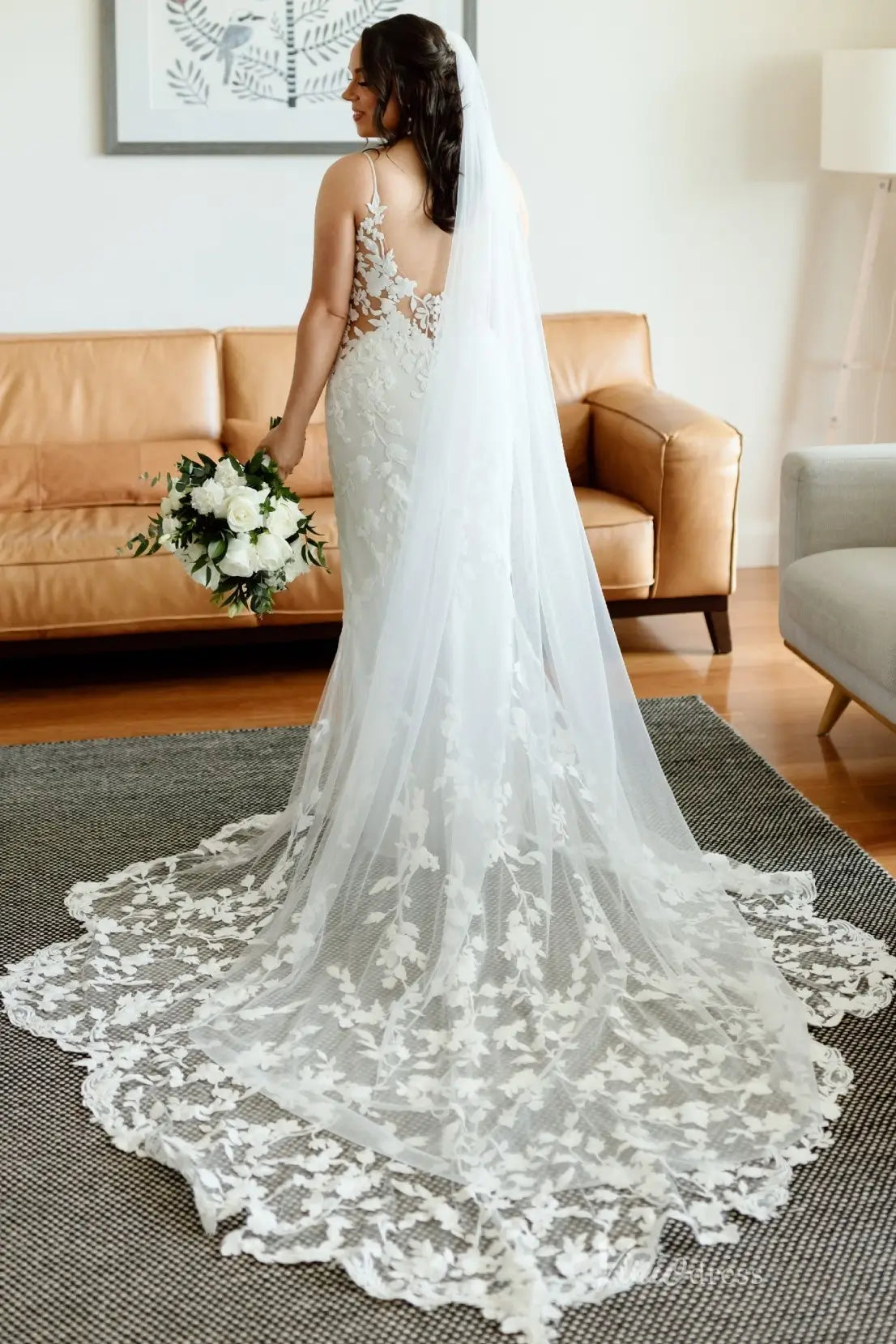 Lace Appliqued Mermaid Wedding Dress with Illusion Back, Sheer Bodice & Chapel Train – ML116-wedding dresses 2025 -Viniodress-Ivory-Custom Size-