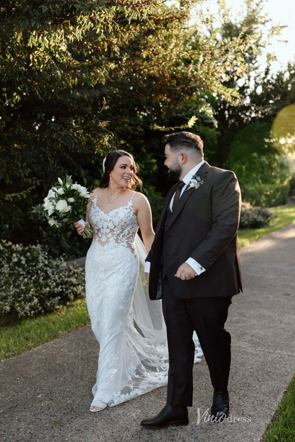 Lace Appliqued Mermaid Wedding Dress with Illusion Back, Sheer Bodice & Chapel Train – ML116-wedding dresses 2025 -Viniodress-Ivory-Custom Size-