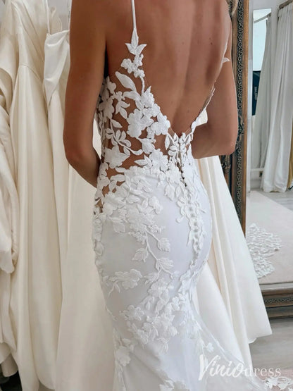 Lace Appliqued Mermaid Wedding Dress with Illusion Back, Sheer Bodice & Chapel Train – ML116-wedding dresses 2025 -Viniodress-Ivory-Custom Size-